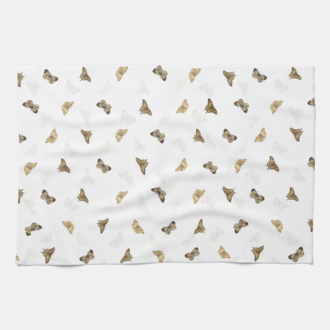 Linge De Cuisine Élégant Motif blanc de papillons dorés (Horizontal)