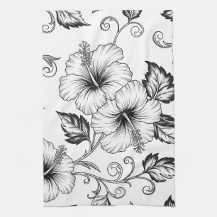 Linge De Cuisine Élégant motif d'art en ligne florale noir et blanc