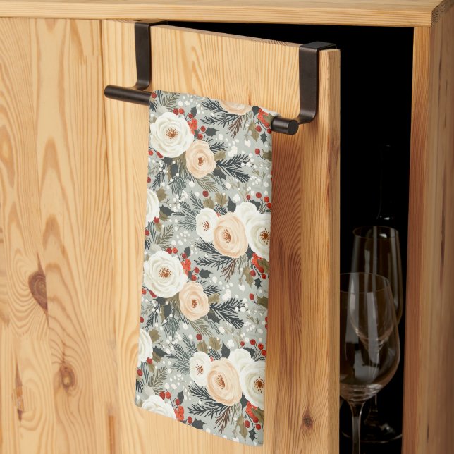 Linge De Cuisine Elégant Noël Roses blanches et Berry rouge d'hiver (Pliage en tiers)