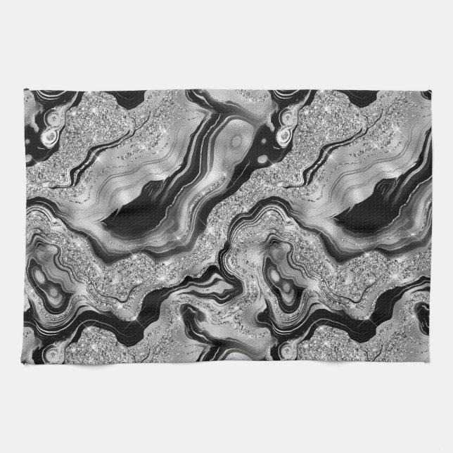 Linge De Cuisine Elégant noir et argent Parties scintillant Agate M (Horizontal)
