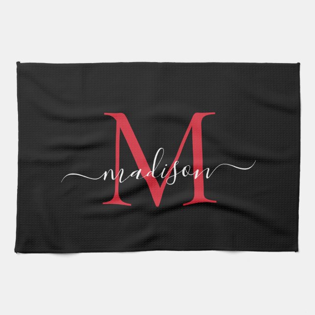 Linge De Cuisine Élégant Noir Rouge Bourgogne Script Monogramme (Horizontal)