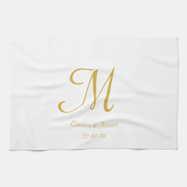 Linge De Cuisine Élégant nom de monogramme blanc et or  (Horizontal)