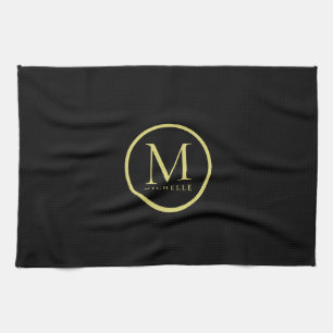 Linge De Cuisine Élégant Nom Monogramme Modèle Noir Et Or
