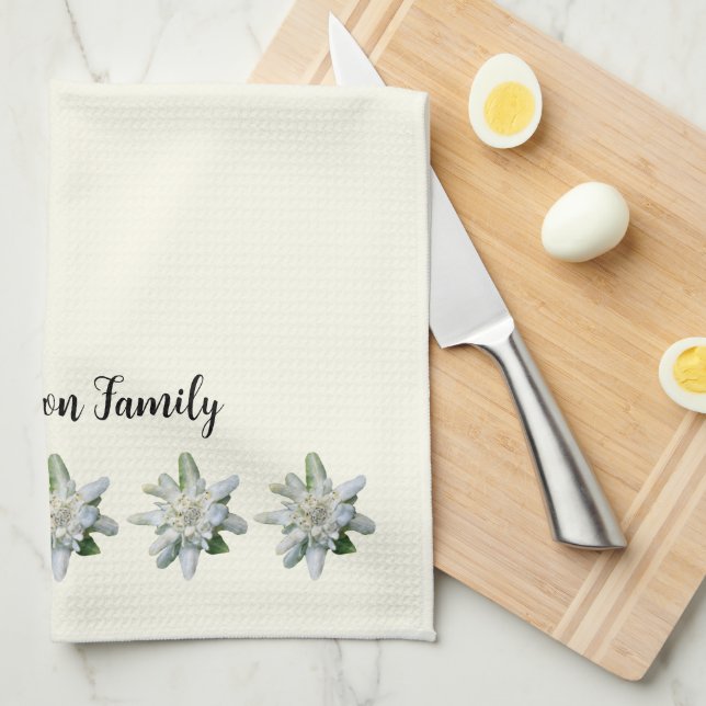 Linge De Cuisine Élégant nom monogramme suisse de fleur edelweiss (Quart Plié)