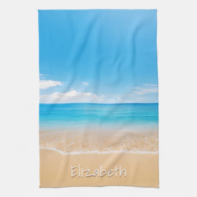 Linge De Cuisine Elégant nom personnalisé plage et mer (Vertical)