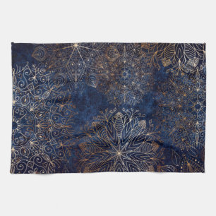 Linge De Cuisine Elégant or et bleu foncé Motif de mandala