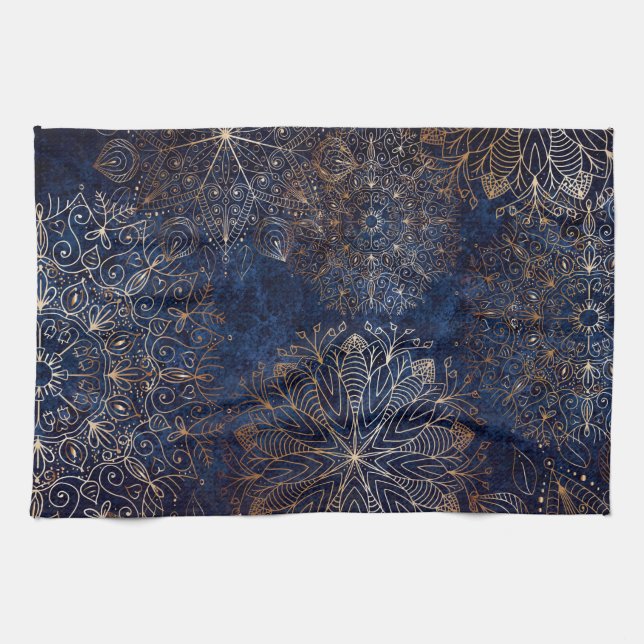 Linge De Cuisine Elégant or et bleu foncé Motif de mandala (Horizontal)