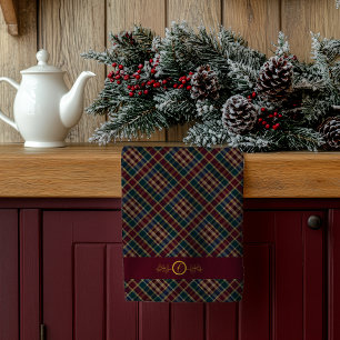 Linge De Cuisine Élégant or Monogramme Plaid - Cranberry Blue Turqu