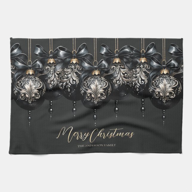 Linge De Cuisine Élégant or noir baubles luxe Noël (Horizontal)