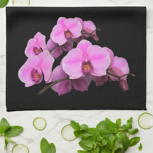 Linge De Cuisine Élégant orchidées roses Phalaenopsis sur noir (Plié)