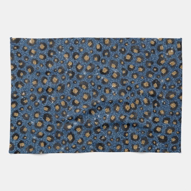 Linge De Cuisine Élégant Parties scintillant Bleu Empreinte de léop (Horizontal)