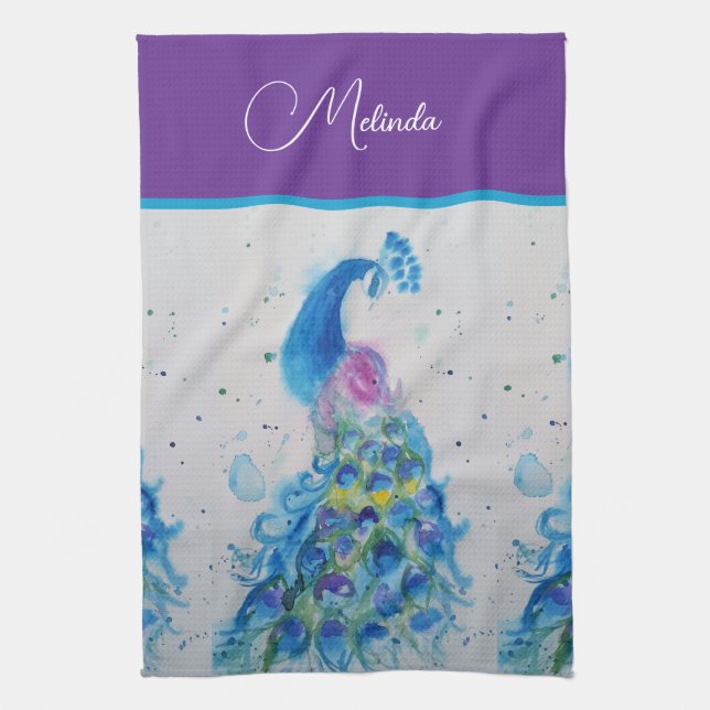 Linge De Cuisine Elégant Peacock Aquarelle Peinture Bleue (Vertical)