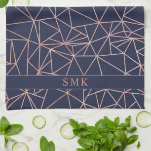 Linge De Cuisine Elégant Rose Gold Foil Geometrique Polygon Navy bl