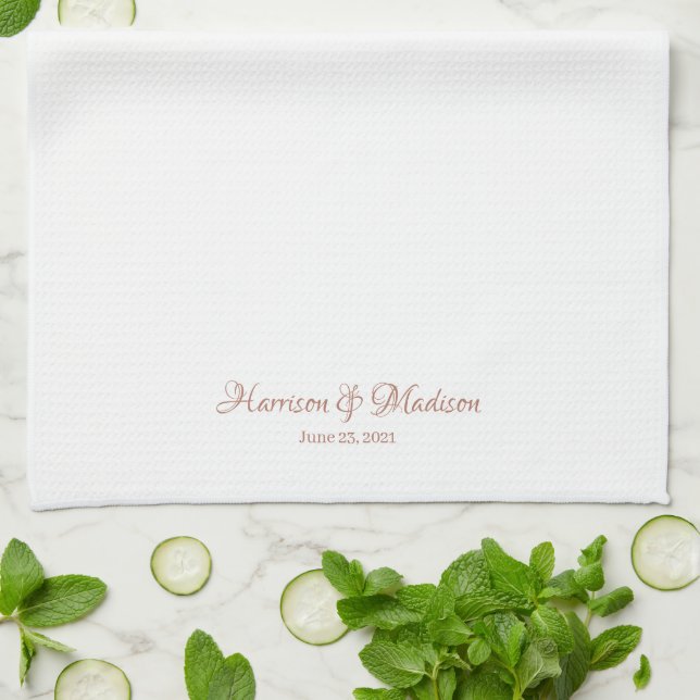 Linge De Cuisine Élégant rose or blanc script personnalisé Mariage (Plié)