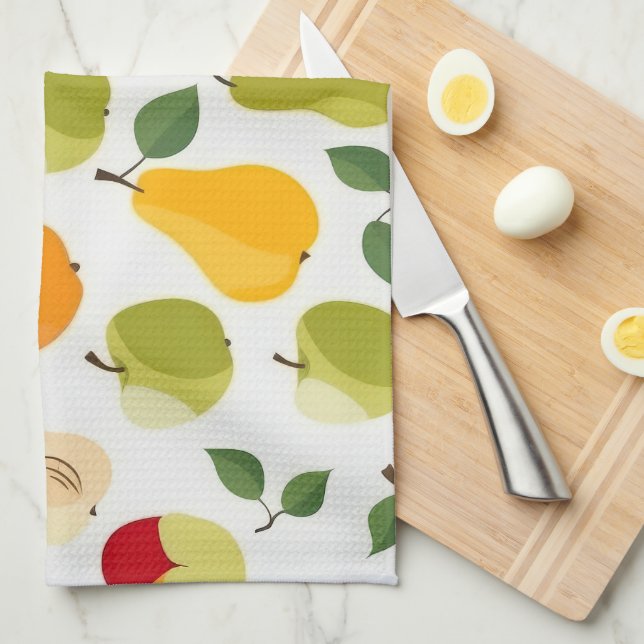 Linge De Cuisine Élégant Rouge Vert Orange Pommes poires Motif (Quart Plié)