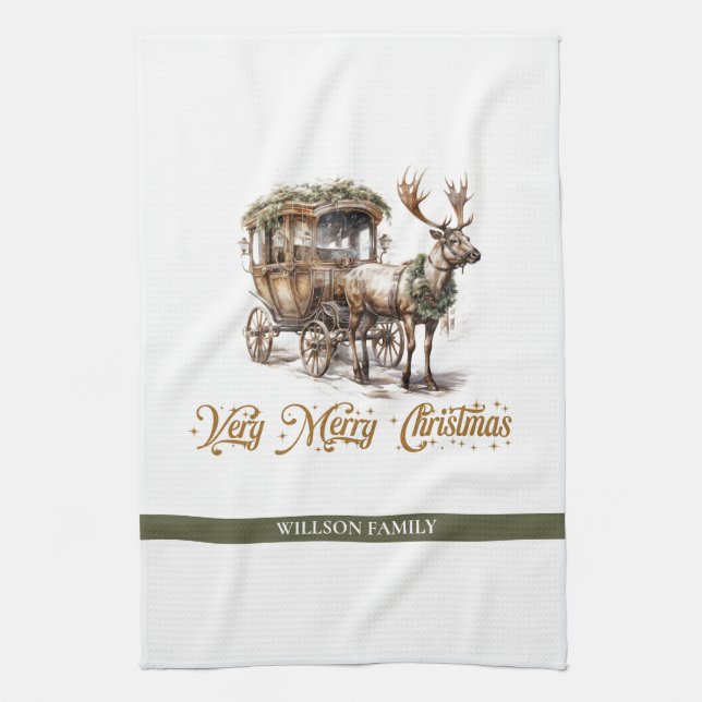 Linge De Cuisine Élégant sauge vert saint faux or Reindeer traîneau (Vertical)