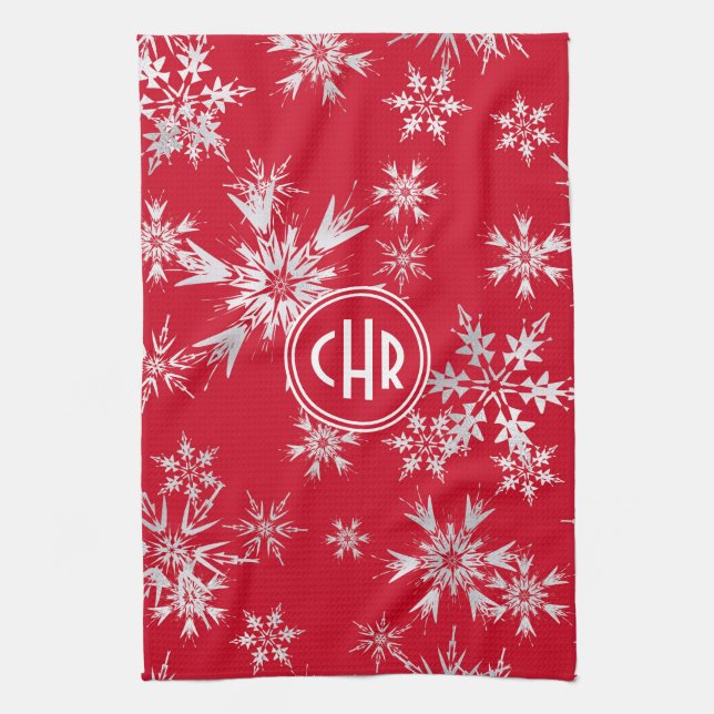Linge De Cuisine Élégant Snowflakes d'hiver | Arrière - plan rouge (Vertical)