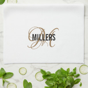 Linge De Cuisine Élégant White Gold Script Monogramme Nom de fami
