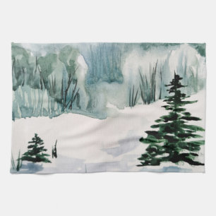 Linge De Cuisine Elégante aquarelle hiver Noël Arbres neige