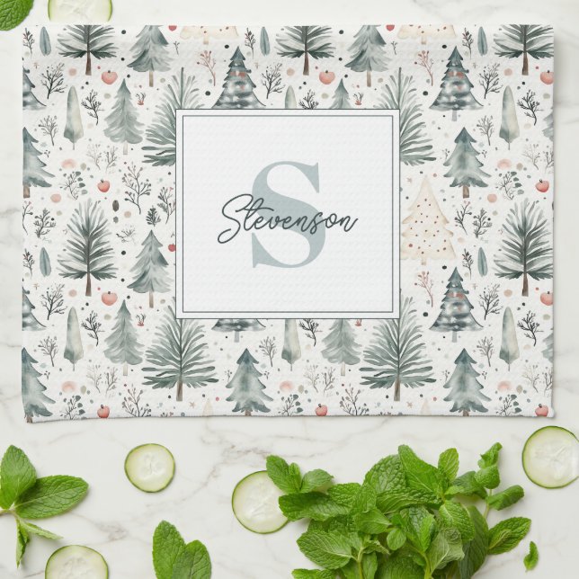 Linge De Cuisine Elégante aquarelle Noël esthétique neutre (Plié)