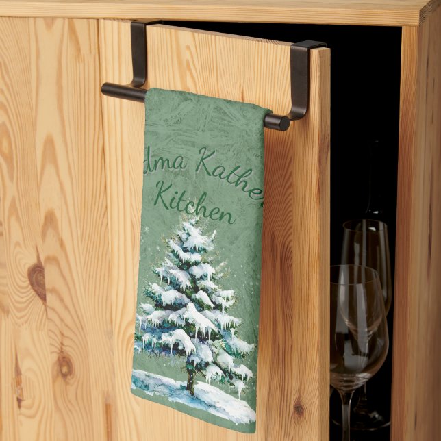 Linge De Cuisine Elégante aquarelle Snowy Spruce Tree Grandma Kitch (Pliage en tiers)
