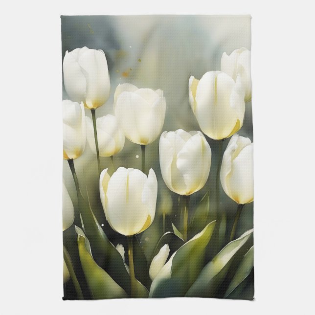 Linge De Cuisine Élégante bande de tulipes blanches dans un jardin  (Vertical)