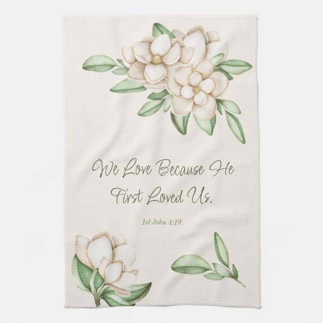 Linge De Cuisine Élégante Bible Verse Botanique Magnolia Script (Vertical)