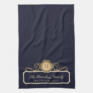 Linge De Cuisine Elégante famille Réunion or Monogramme Marine