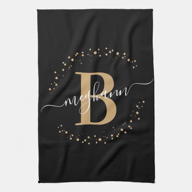 Linge De Cuisine Élégante Girly Black Gold Monogramme Nom Script (Vertical)