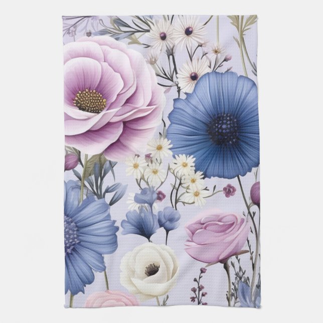 Linge De Cuisine Elégante Lavande Bleu Fleur Jardin Floral (Vertical)