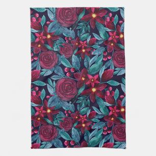 Linge De Cuisine Elégante marine Bourgogne Noël Floral Aquarelle