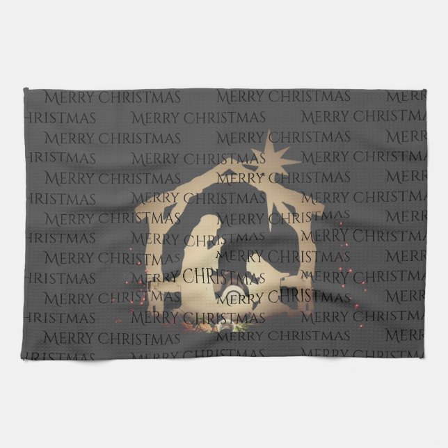 Linge De Cuisine Élégante Nativité Argent Noir Joyeux Noël (Horizontal)