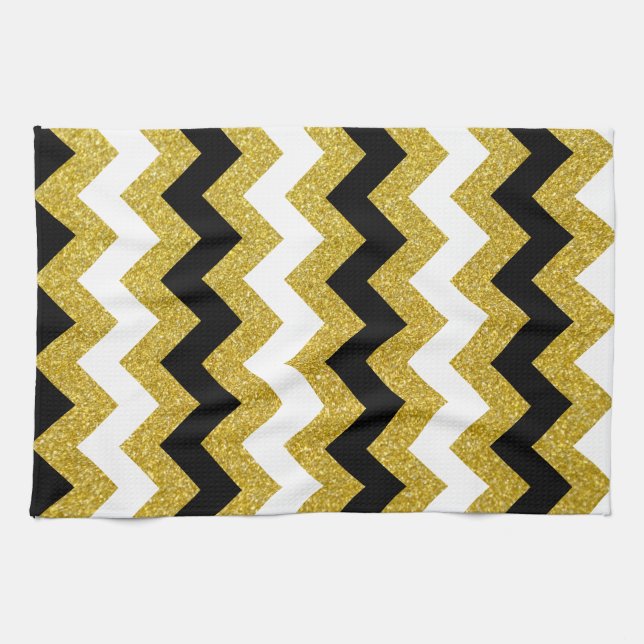 Linge De Cuisine Elégante Parties scintillant or blanc noir Chevron (Horizontal)