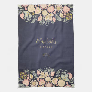 Linge De Cuisine Elégante pêche vintage florale marine