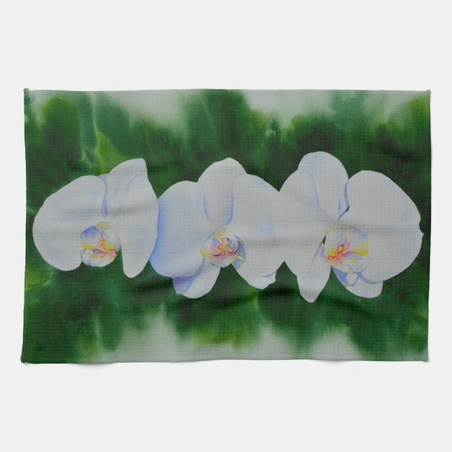 Linge De Cuisine Elégante peinture d'orchidée tropicale blanche (Horizontal)
