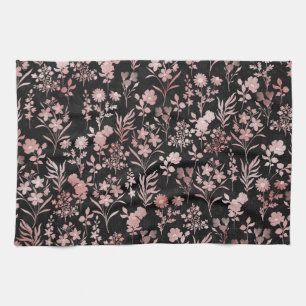Linge De Cuisine Élégante Rose Fleurs d'or Noir Botanique
