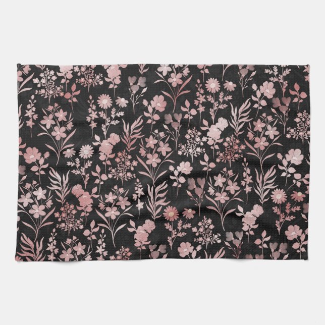 Linge De Cuisine Élégante Rose Fleurs d'or Noir Botanique (Horizontal)