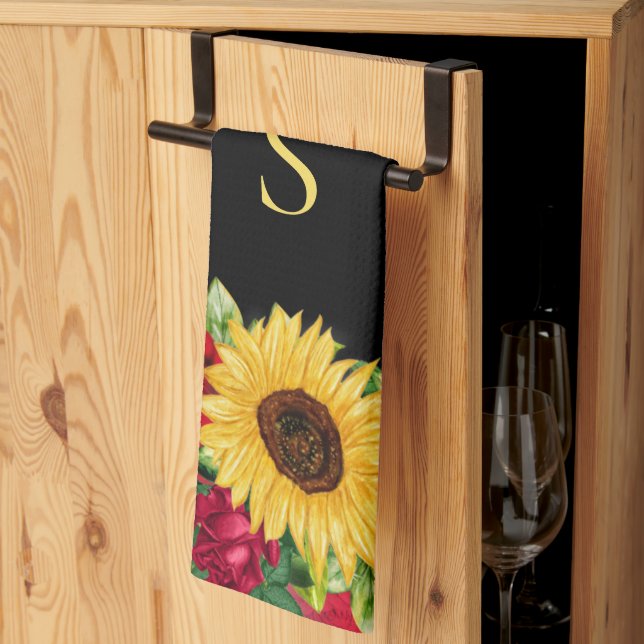 Linge De Cuisine Élégante Roses rouges Fleurs de soleil jaunes Mono (Pliage en tiers)