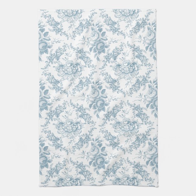 Linge De Cuisine Elégante toile florale blanche et bleue gravée (Vertical)
