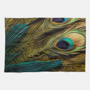 Linge De Cuisine Elégante Turquoise Abstraite  Plumes Peacock Or  