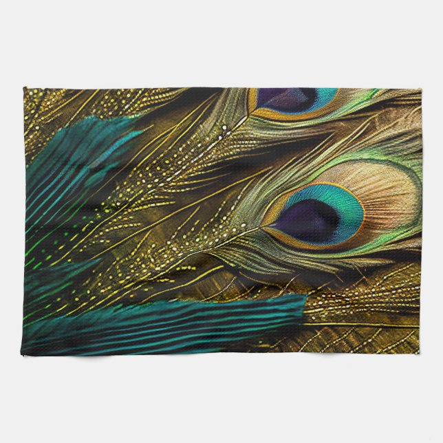 Linge De Cuisine Elégante Turquoise Abstraite  Plumes Peacock Or | (Horizontal)