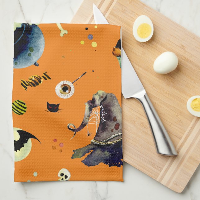 Linge De Cuisine Eléments d'Halloween sur Orange (Quart Plié)