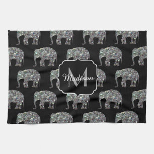 Linge De Cuisine Éléphant de monogramme scintillant en mosaïque arg