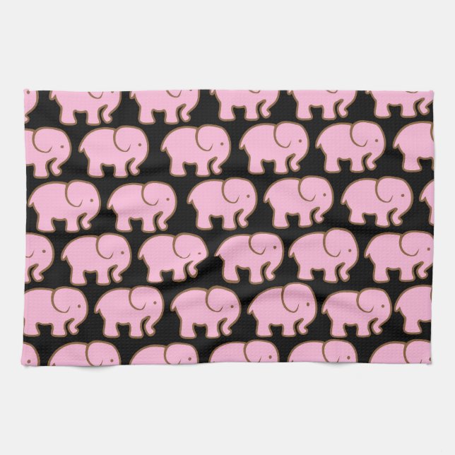 Linge De Cuisine Éléphants mignons assez roses sur le noir (Horizontal)