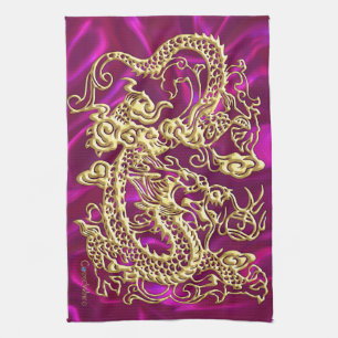 Linge De Cuisine Embossé Dragon Or Magenta Satin Impression