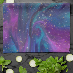 Linge De Cuisine Encre cosmique   Turquoise bleu violet Galaxie Neb