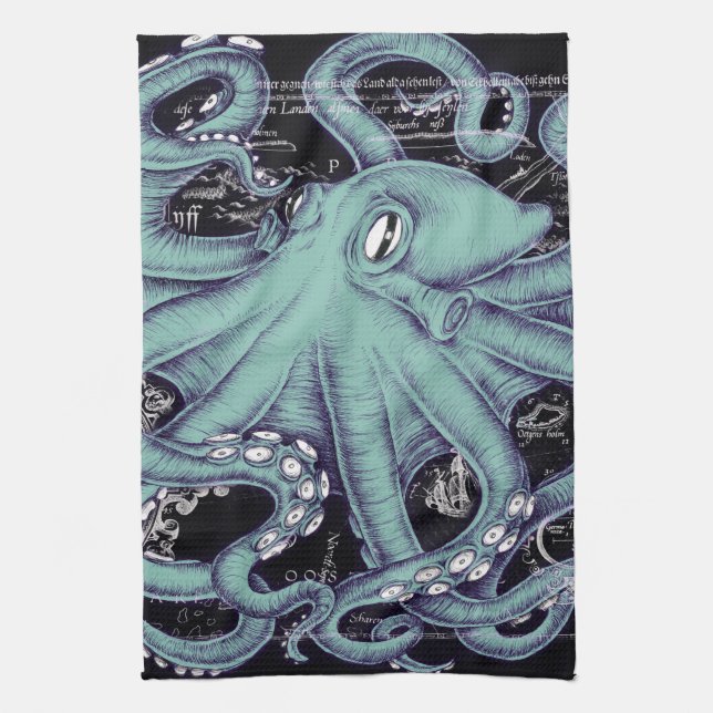 Linge De Cuisine Encre de carte vintage Turquoise Octopus (Vertical)