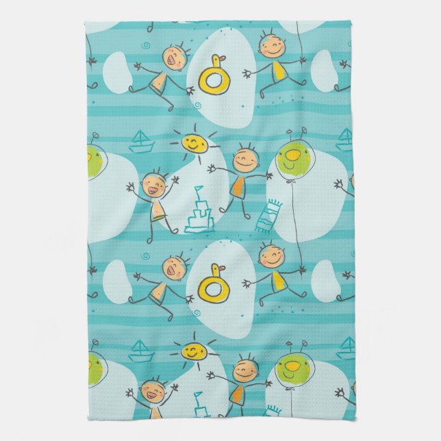 Linge De Cuisine Enfants mignons jouant sur le motif de plage (Vertical)