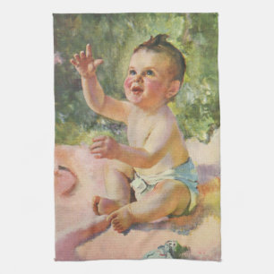 Linge De Cuisine Enfants Vintage, Bébé Fille Mignon sur une Couvert