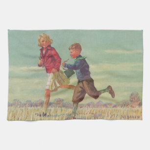 Linge De Cuisine Enfants vintage courant à l'école portant des livr